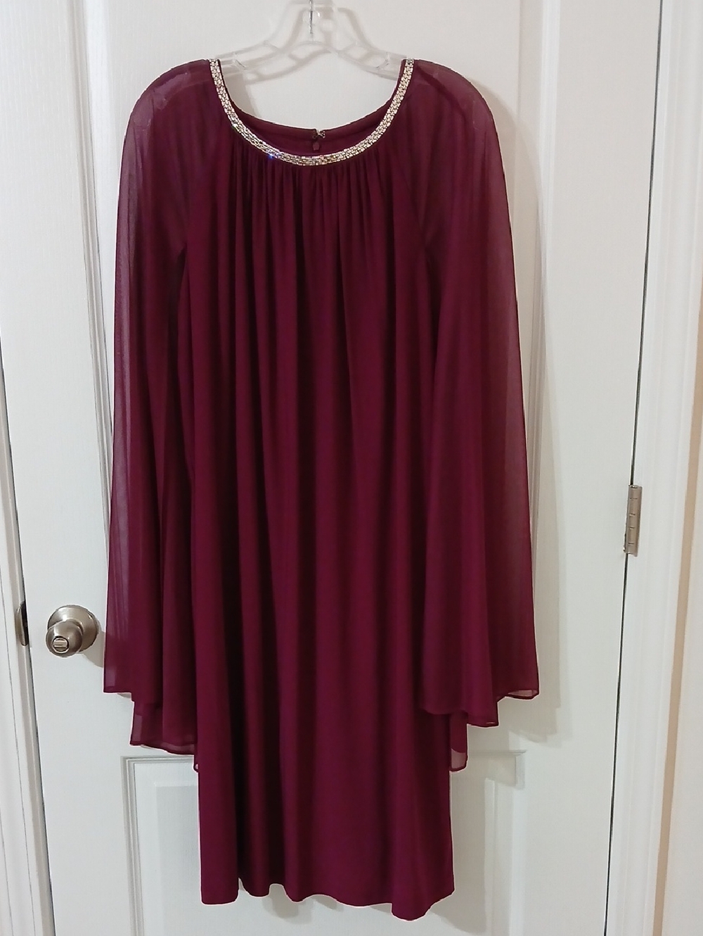 R&M Richards Burgundy/Plum Beaded Neckline Cape Dress